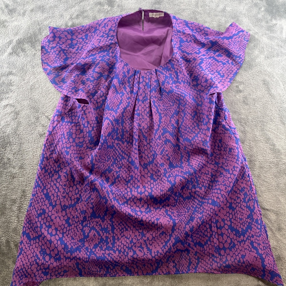 Madison Purple Blue Snakeskin‎ Animal Print Pleated Neck Blouse Lined Size Large